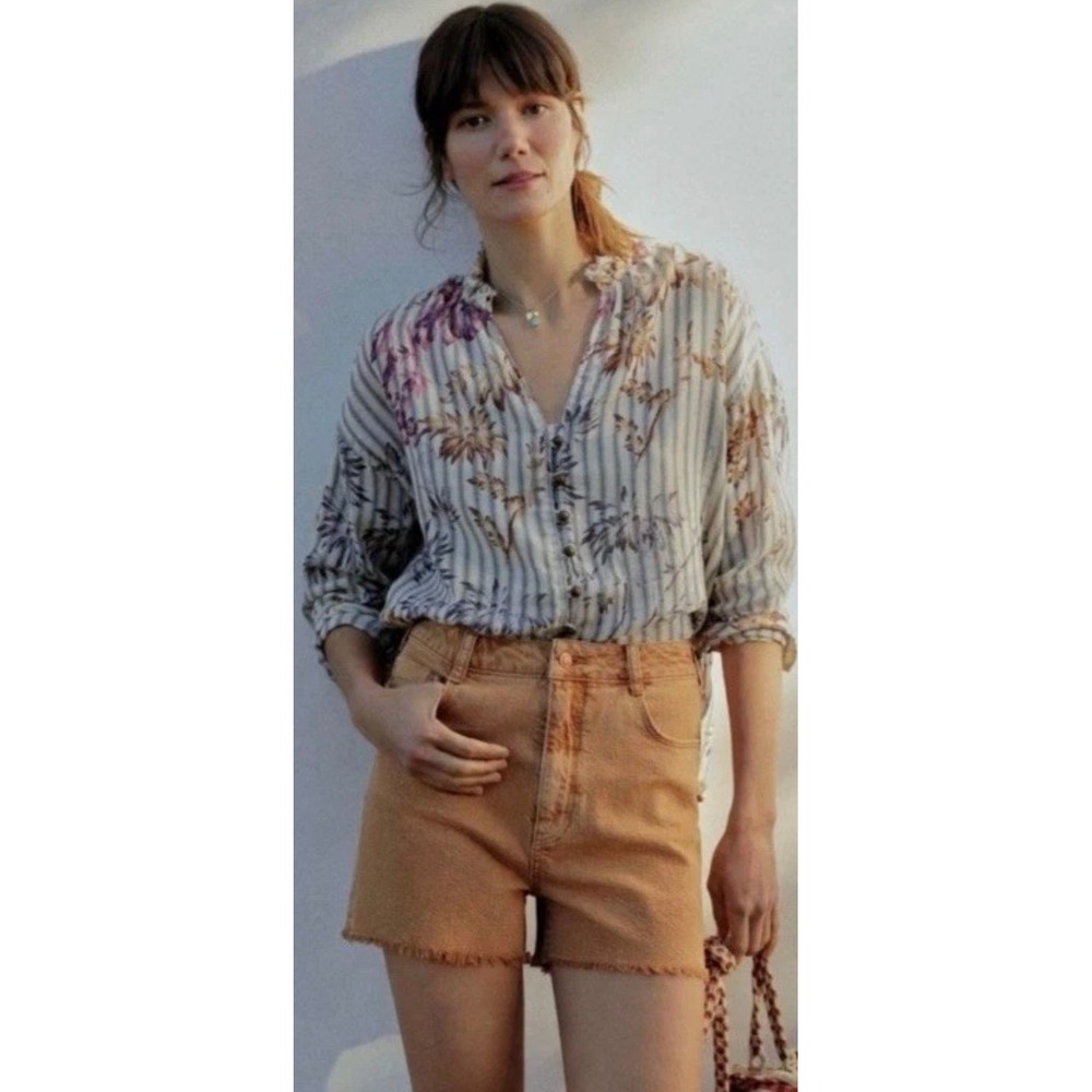 Anthropologie Pilcro High Rise Denim Shorts Burnt Orange Raw Hem Size 25